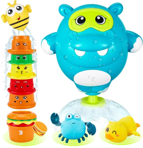 EKU Juguetes de Baño de Hipopótamo para Niños de 18 meses+ Niños Pequeños con Vasos Apilables de Hamburguesa Pato Nadador Cangrejo Juguetes de Juego
