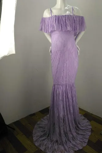 Miniatura 4 de HIHCBF Vestido de sirena de maternidad de encaje para mujer, hombros descubiertos, volantes, tirantes delgados, ajustado, para sesión de fotos