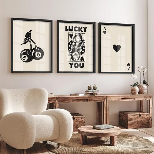 Miniatura 3 de Heiple Juego de 3 carteles enmarcados de póquer para pared, diseño retro de moda, decoración de pared para reina de corazones, arte de pared Negro