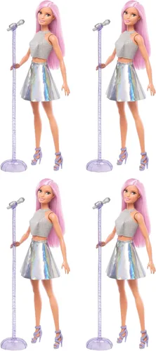 Miniatura 7 de Barbie Careers Muñeca a la moda y accesorio, estrella pop con pelo rosa y ojos marrones, con falda iridiscente, con micrófono
