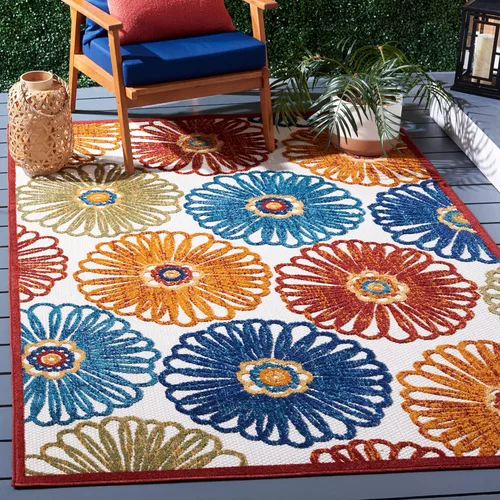 Miniatura 9 de SAFAVIEH Alfombra lavable para exteriores, redonda, 4 pies, color crema y rojo, no desprende pelusa y fácil de limpiar, ideal para patio, patio