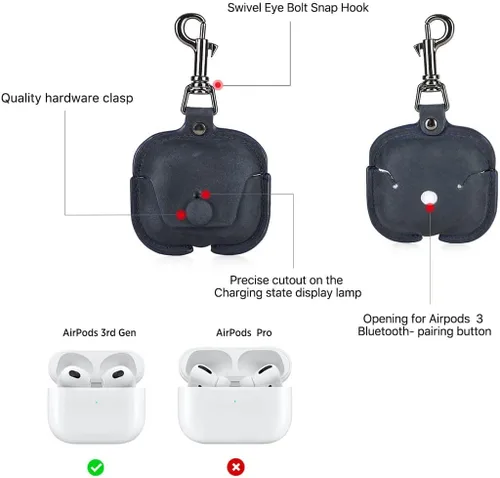 Miniatura 3 de Hiram - Funda de cuero genuino para AirPods de 3ª generación 2021, funda de viaje portátil de cuero de vaca de caballo loco para Airpods de 3ª