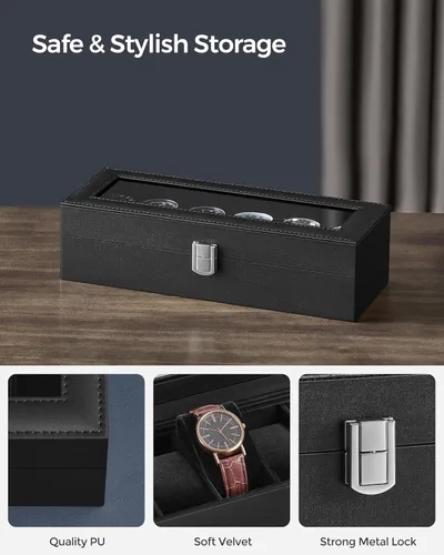 Miniatura 3 de SONGMICS Caja de reloj, caja de reloj de 6 ranuras con tapa de vidrio grande, almohadas extraíbles para reloj, organizador de caja de reloj, regalo