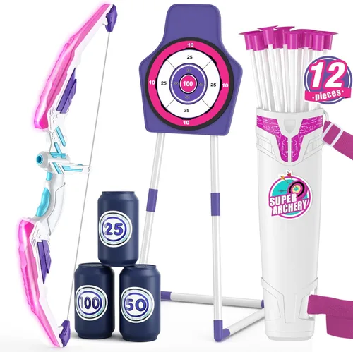 Miniatura 15 de HYES Arco y flecha para niños, juego de tiro con arco con luz LED con 12 flechas de ventosa, 1 objetivo para colgar, 3 objetivos de puntuación y 1