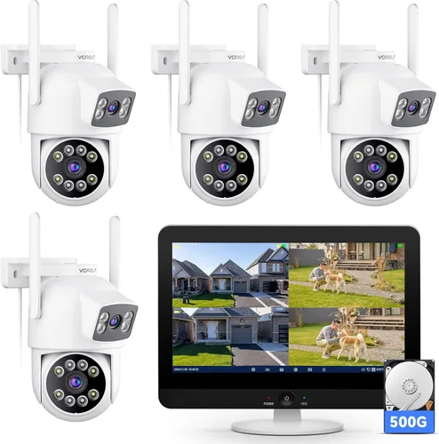 Sistema de cámara de seguridad inalámbrico para exteriores con monitor de 12 pulgadas, 4 cámaras de doble lente 2K para vigilancia doméstica y