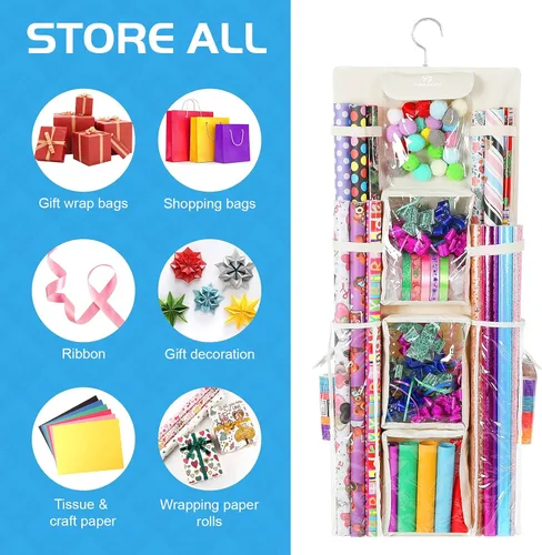Miniatura 4 de Freegrace Organizador de papel de regalo colgante de doble cara – Bolsa grande de almacenamiento de papel de regalo de 16 x 41 pulgadas – Bolsa