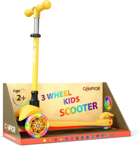 Miniatura 15 de Mini scooter naranja de 3 ruedas para niños, dirección por inclinación con ruedas LED iluminadas, manubrio ajustable, cubierta ancha antideslizante