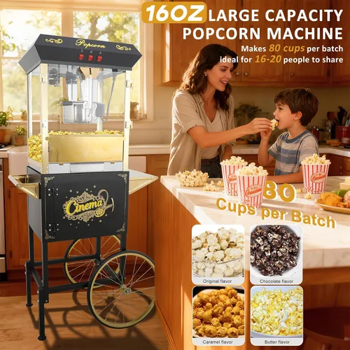 Miniatura 2 de Máquina comercial de palomitas de maíz de 16 onzas con carro, máquina de maíz vintage grande de 850 W con plataforma de calentamiento, máquina