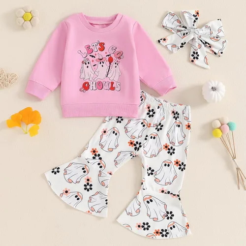 Miniatura 43 de Traje de Halloween para bebé niña, manga larga, cuello redondo, letras de fantasma, parte superior con estampado de fantasma, parte inferior