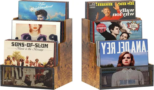 Yuzehuaza Paquete de 2 cajas de almacenamiento de discos de vinilo LP escalonadas de 3 niveles, soporte para álbumes de discos de vinilo, con