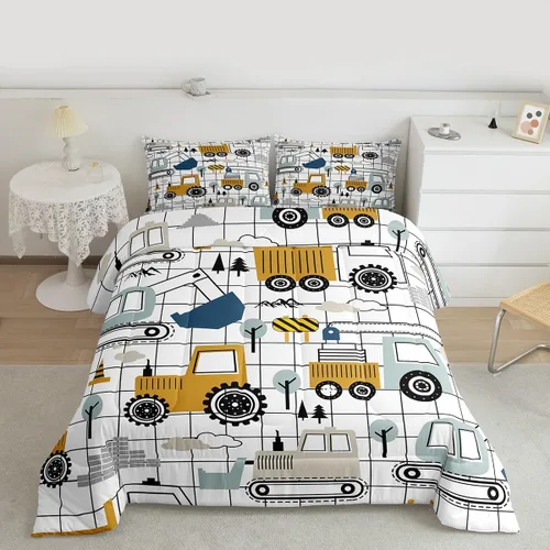 Miniatura 15 de Feelyou Juego de edredón de coche de dibujos animados para niños, edredón de construcción para niños, juego de ropa de cama de camiones y equipos