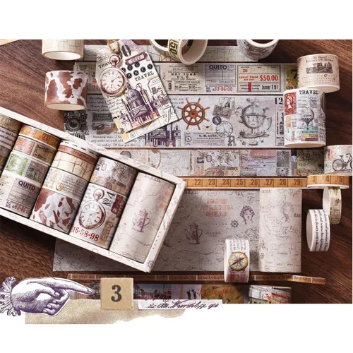 Miniatura 6 de Juego de 18 rollos de cinta washi, calcomanías de viaje, boletos de viaje mundial, mapa de matasellos, vistas a la calle, calcomanías vintage IDY