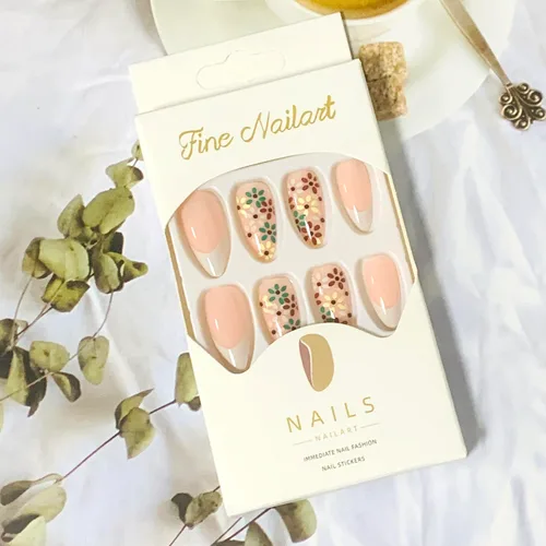 Miniatura 6 de Uñas postizas ovaladas a presión con puntas francesas, juego de uñas postizas cortas de flores artificiales, uñas postizas acrílicas con diseños