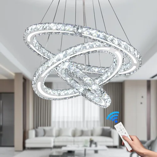 Miniatura 10 de Candelabros de cristal modernos para bricolaje, 3 anillos, lámpara colgante LED regulable para cocina, comedor, sala de estar, dormitorio, base