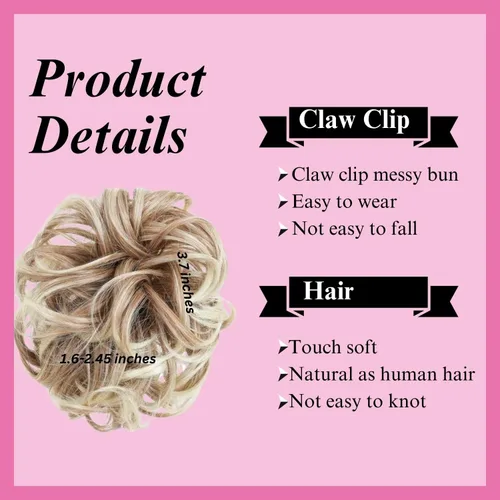 Miniatura 4 de Juvabun Moño desordenado con clip de garra, rubio playa, piezas de cabello para mujer, extensiones onduladas y rizadas en moño, extensión de cabello