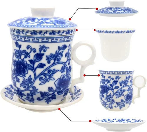 Miniatura 9 de Taza de té de porcelana con tapa de infusor y juegos de platillos – Taza de café de cerámica china Jingdezhen Taza de té de hoja suelta Sistema