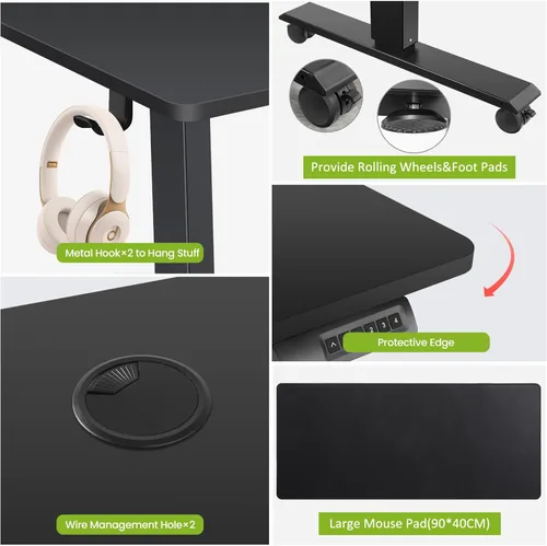 Miniatura 8 de farexon Escritorio eléctrico de pie de altura ajustable, escritorio de pie de 55 x 24 pulgadas con alfombrilla grande para el mouse, ruedas Negro