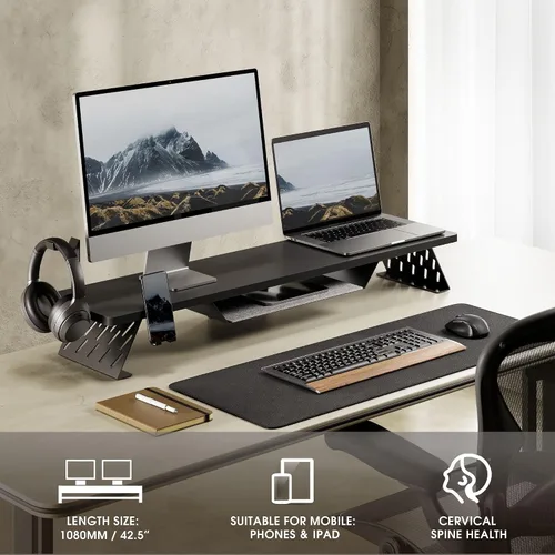 Miniatura 6 de Fenge Soporte de monitor doble, elevador de monitor de 42.5 pulgadas para escritorio, estante de escritorio de madera para 2 monitores, estante