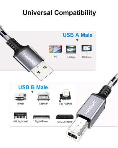 Miniatura 7 de SNANSHI - Cable de impresora USB de 25 pies, cable USB 2.0 tipo A a B macho, cordón de impresora trenzado de nylon, cable de escáner de alta
