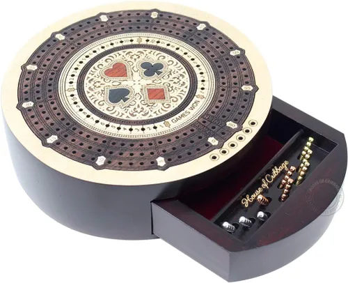 Miniatura 10 de House of Cribbage - Tabla de cuna de 3 pistas de forma redonda no continua - Almacenamiento de cajones para clavijas y 1 baraja de cartas con campos