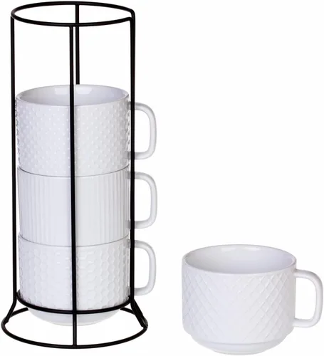 Buyajuju Juego de 4 tazas de café apilables de porcelana con soporte de metal, 12 onzas, apilables, diferentes soportes para tazas de café en