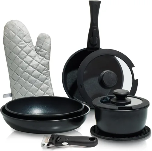 Moss & Stone juego de 10 piezas de ollas y sartenes negras antiadherentes, juego de utensilios de cocina con mango desmontable, juego de cocina para