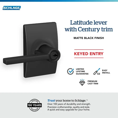 Miniatura 4 de Schlage F51A LAT 622 CEN Latitude - Manilla de puerta con moldura Century, cerradura de entrada con llave, color negro mate