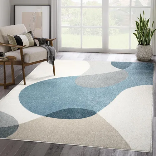 Abani Deco Collection - Alfombra de área color crema/azul de mediados de siglo, 4 x 6 pies, fácil de limpiar, duradera para niños y mascotas, no