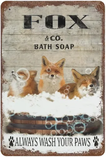 Placa colgante de hierro vintage con diseño de zorro, letrero de hojalata vintage con texto en inglés "Wash Your Paws", letrero de metal para bar,