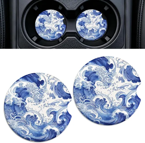 Miniatura 15 de Paquete de 2 posavasos de cerámica para portavasos de automóvil, 2.56 pulgadas, antideslizantes, absorbentes, con base de corcho y muesca