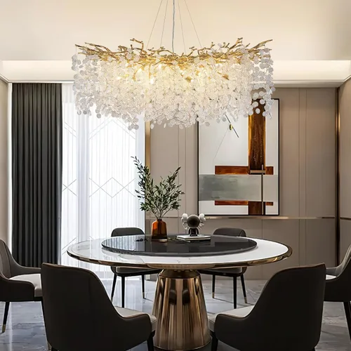 YUYI Candelabro moderno de cristal, 47.2 pulgadas de rama de árbol dorado para comedor, lámparas redondas de lujo de techo alto, lámpara colgante