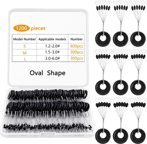 Outus 1200 piezas de pesca Bobber Stopper Pesca Bobber Beads Tope 6 en 1 Negro Flotador Sinker Stops l M S Tamaño Flotador Parada Kit