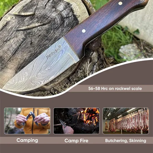 Miniatura 4 de Venta - Cuchillo de caza de Damasco hecho a mano personalizado Hermoso cuchillo de Bushcraft con funda y sacapuntas de cuchillo