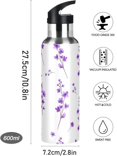 Miniatura 9 de Purple Flowers Leaves Stainless Steel Water Bottle 20 Oz Leakproof Water Bottles, BPA-Free Sports Water Bottle with Straw