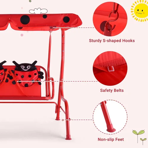 Miniatura 4 de GLACER Columpio de porche, hamaca de patio para niños con toldo ajustable y soporte, cinturón de seguridad, banco de columpio para exteriores de 2