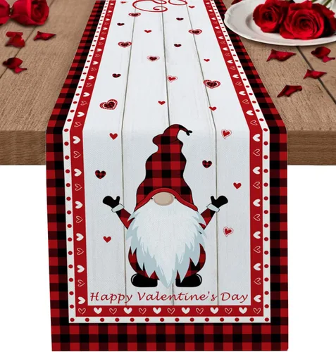 Miniatura 13 de Camino de mesa para decoración del día de San Valentín, diseño de gnomo, corazón, rojo, a cuadros, búfalo, algodón, lino, decoración de mesa