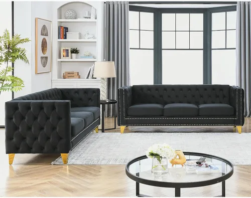 Miniatura 12 de KEIKI Sofá de terciopelo copetudo de 2 plazas para sala de estar, sofá con brazos cuadrados copetudos para apartamento en el hogar, color beige