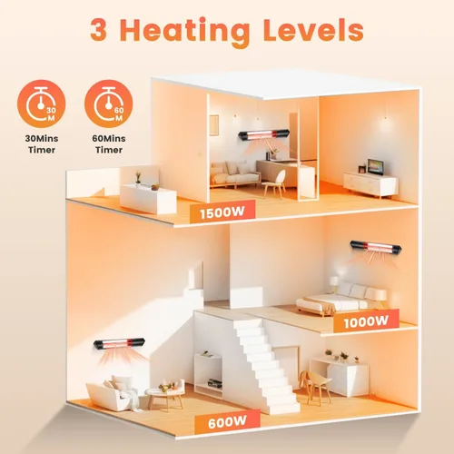 Miniatura 3 de Calentador eléctrico para patio al aire libre, calentador infrarrojo de 1500 W con control remoto, 3 niveles de calefacción, altura ajustable