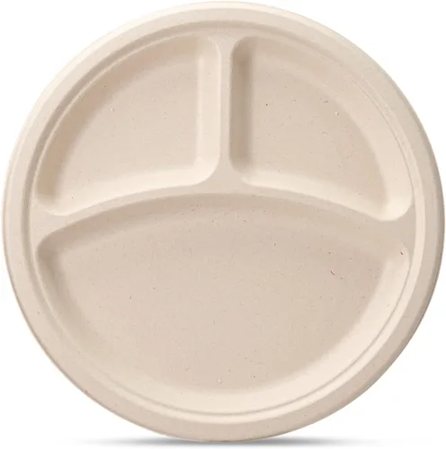 Miniatura 2 de GUSTO Platos de papel de caña de azúcar de 10 pulgadas con 3 compartimentos [125 unidades] Vajilla dividida compostable resistente – Platos