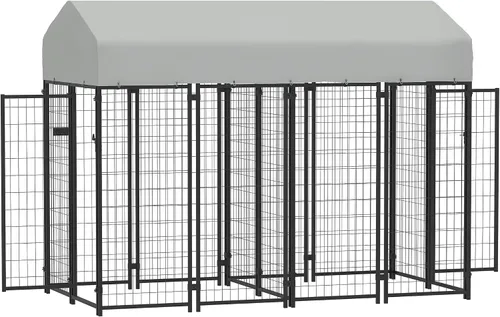 Miniatura 15 de PawHut Jaula de 4' x 4' x 6' para perros al aire libre, Jaula de alambre soldado para perros con rotación de 360° y cuencos ajustables de 4 niveles