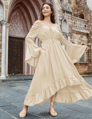 Miniatura 5 de Scarlet Darkness Disfraz de feria renacentista para mujer, con hombros descubiertos, manga larga acampanada, vestido alto y bajo