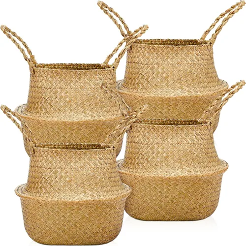 Qunclay 4 Cestas Tejidas de Hierba Marina Belly Basket Plegable Boho Natural Maceta con Asas Redonda Decorativa de Mimbre Grande para Interiores