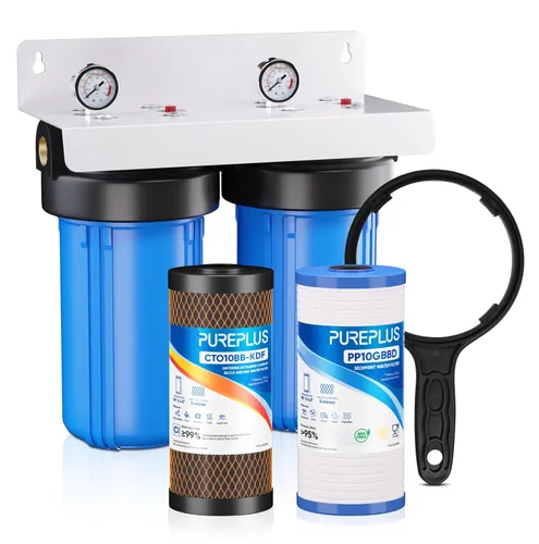 Miniatura 13 de PUREPLUS Sistema de filtración de agua de 2 etapas para toda la casa, reduce el cloro, el olor, los metales pesados, hierro, manganeso, carcasa