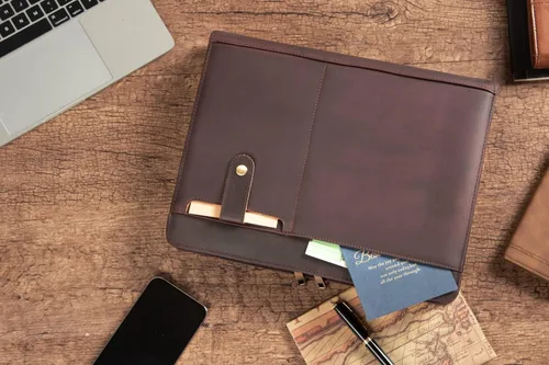 Miniatura 7 de AZXCG Portafolio de cuero para hombre, hecho a mano, con cremallera, organizador de documentos de negocios para cuaderno tamaño carta A4, funda