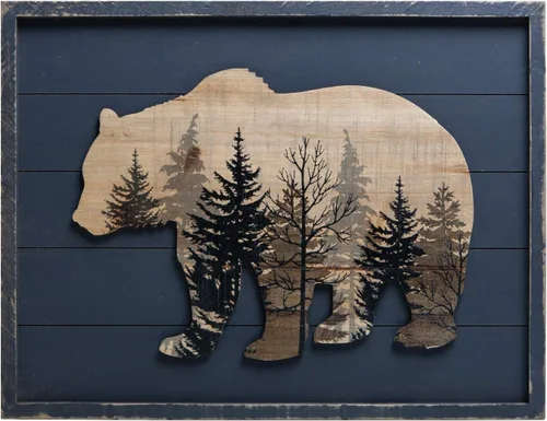 Miniatura 12 de NIKKY HOME Lindo oso en el bosque, arte decorativo de pared con marco de madera para cabaña, 40,6 cm x 30,5 cm, gris pizarra oscuro