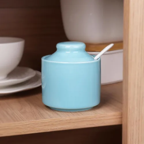 Miniatura 6 de Azucarero de 8 onzas con tapa y cuchara, frasco de azúcar de cerámica, dispensador de azúcar, contenedor de azúcar, accesorios para cafetería, marino