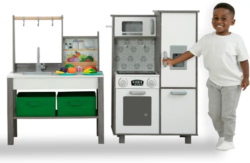 Delta Children - Cocina de juguete de esquina todo en uno Gourmet - Juego de cocina de juguete con estufa segura y sin calor con luces, horno,