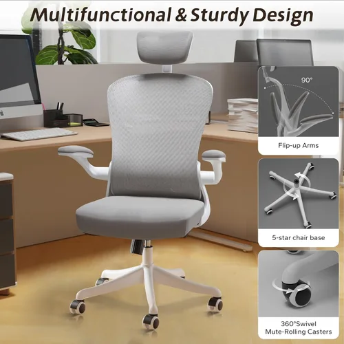 Miniatura 7 de Silla de Oficina Ergonómica con Soporte Lumbar Ajustable y Reposabrazos Abatibles - Silla de Escritorio de Computadora de Respaldo Alto con Cojín