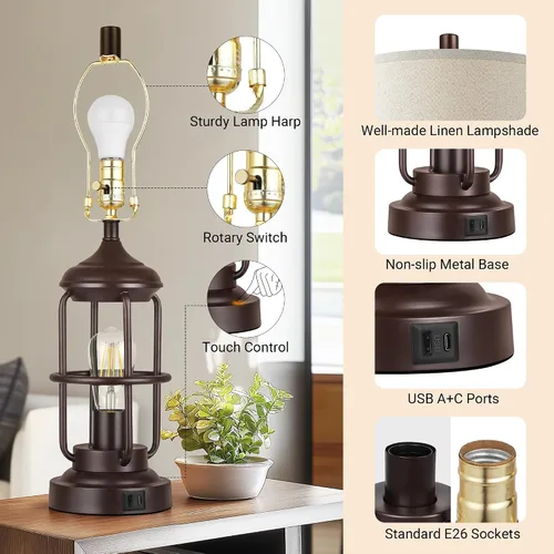 Miniatura 5 de Qimh Juego de 2 lámparas de mesa para dormitorio con puertos USB A+C, lámpara de mesita de estilo granja con luz nocturna, control táctil regulable