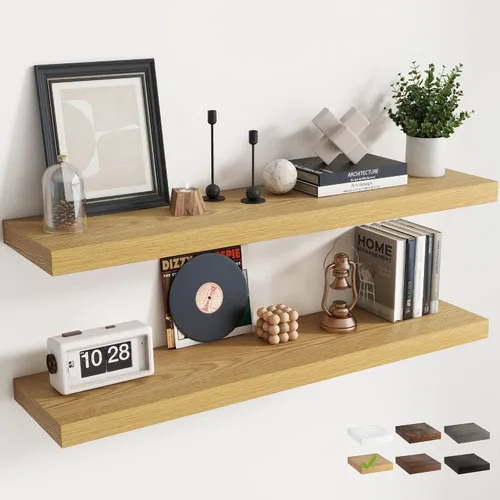 Miniatura 13 de Estantes flotantes para pared con soportes invisibles, estantes de madera de ingeniería montados en la pared con grano de madera para sala de estar